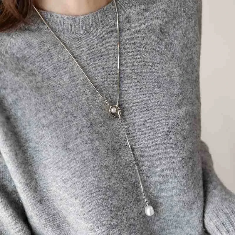 Pendant Necklace with Orbit Pearl and Snake Chain, Stainless Steel