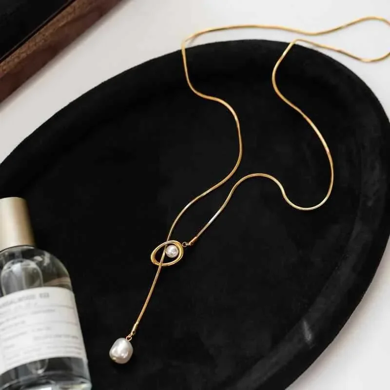 Pendant Necklace with Orbit Pearl and Snake Chain, Stainless Steel