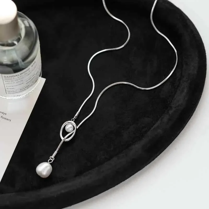 Pendant Necklace with Orbit Pearl and Snake Chain, Stainless Steel