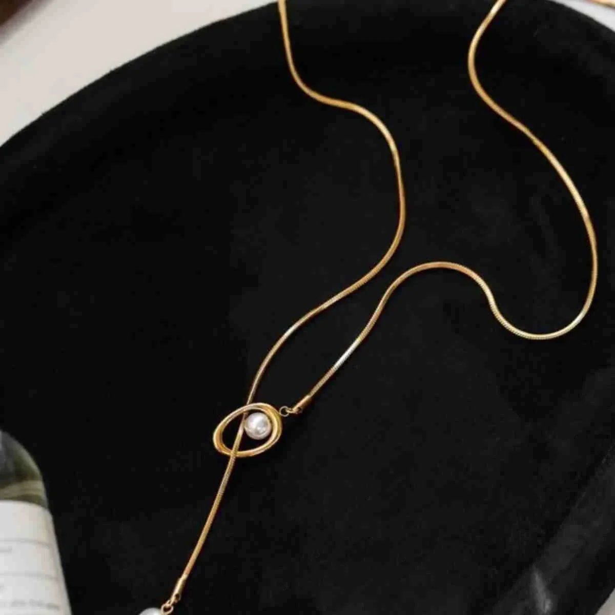 Pendant Necklace with Orbit Pearl and Snake Chain, Stainless Steel