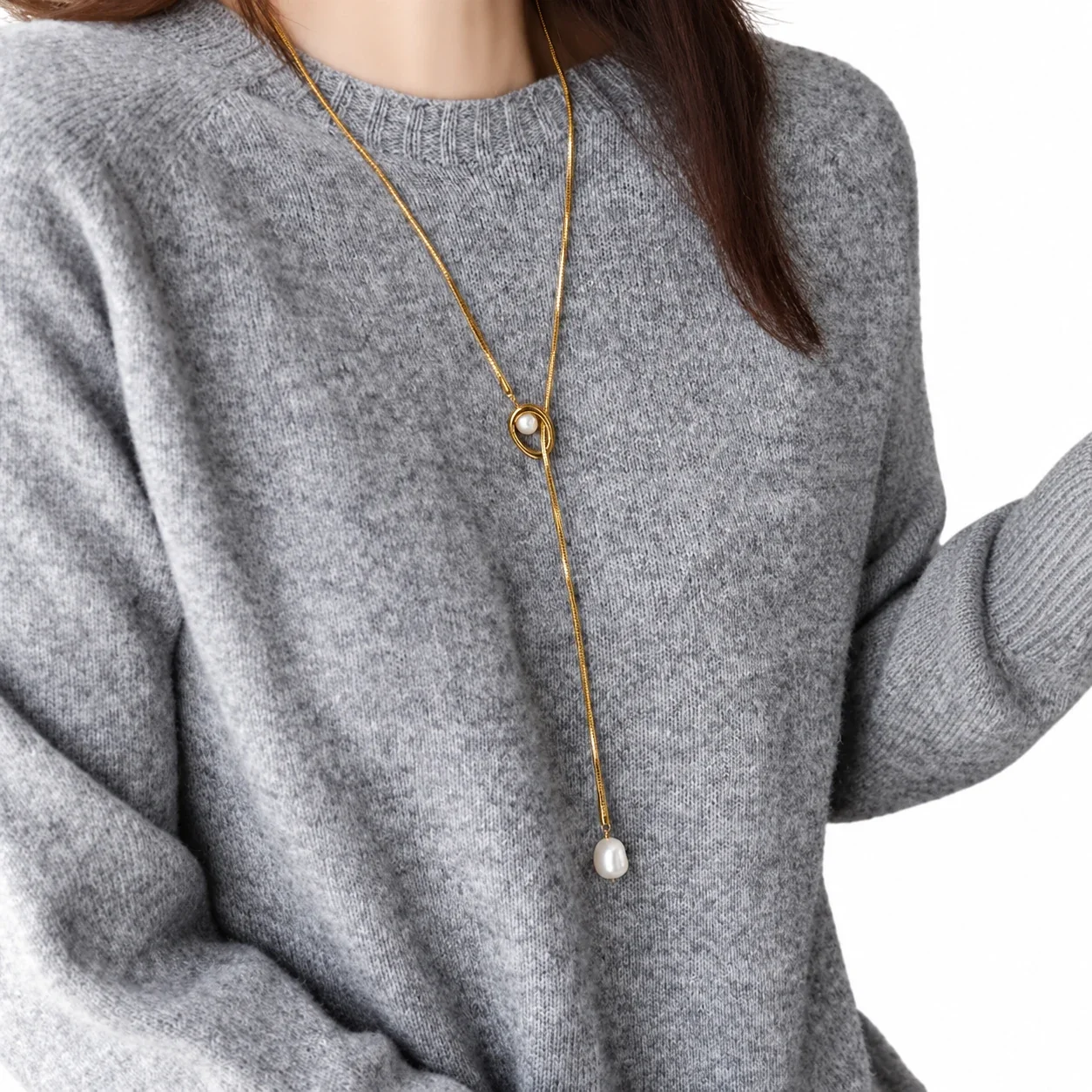 Pendant Necklace with Orbit Pearl and Snake Chain, Stainless Steel - Gold