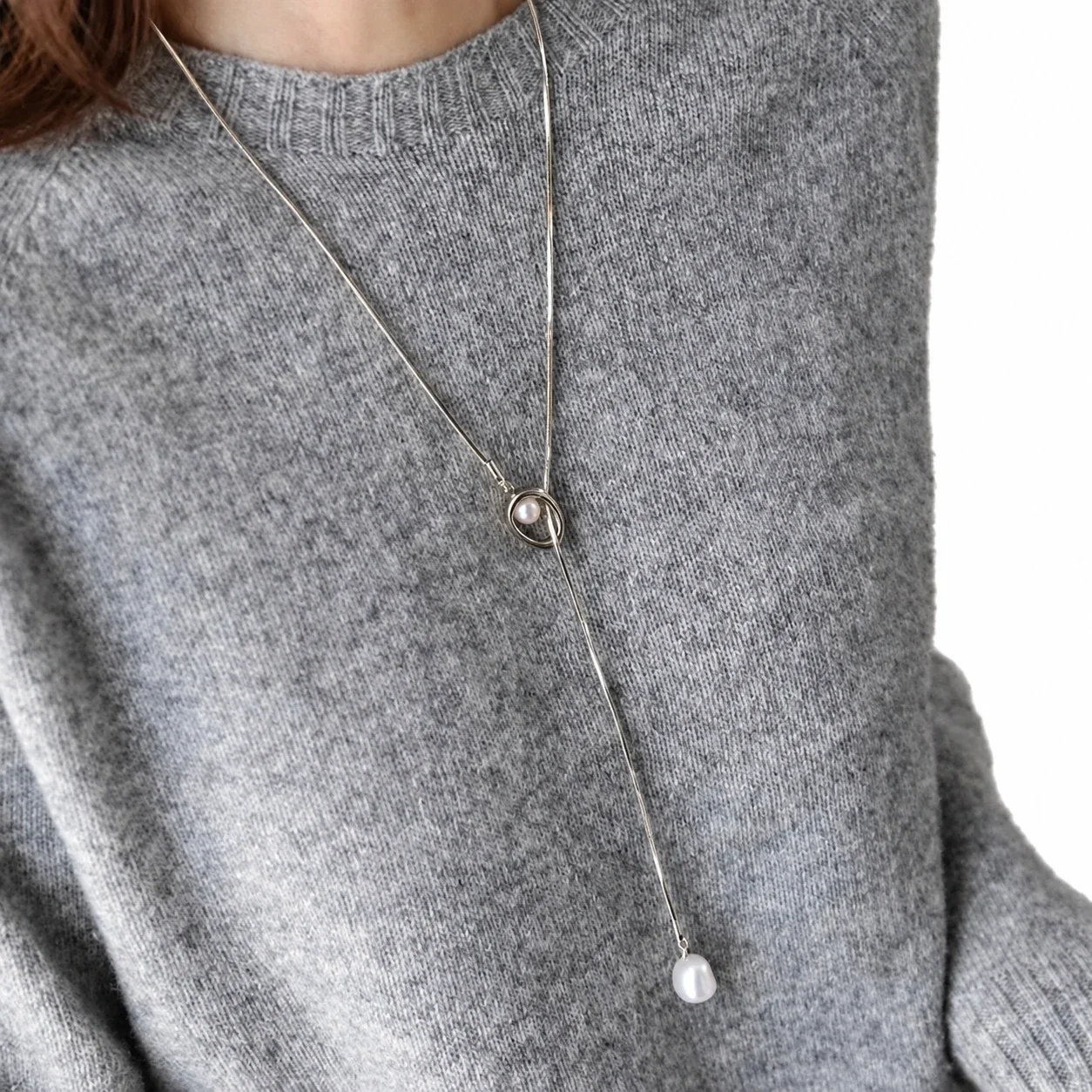 Pendant Necklace with Orbit Pearl and Snake Chain, Stainless Steel - Silver