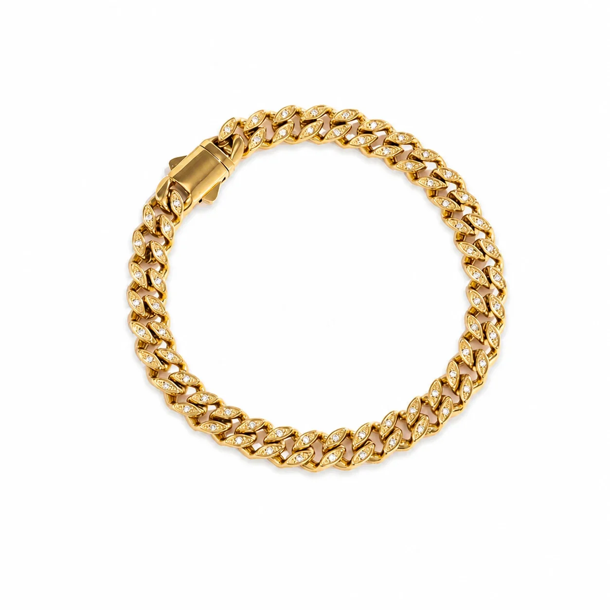 Bold 316 Stainless Steel Pavé Cuban Chain Bracelet - Gold Clear Stone