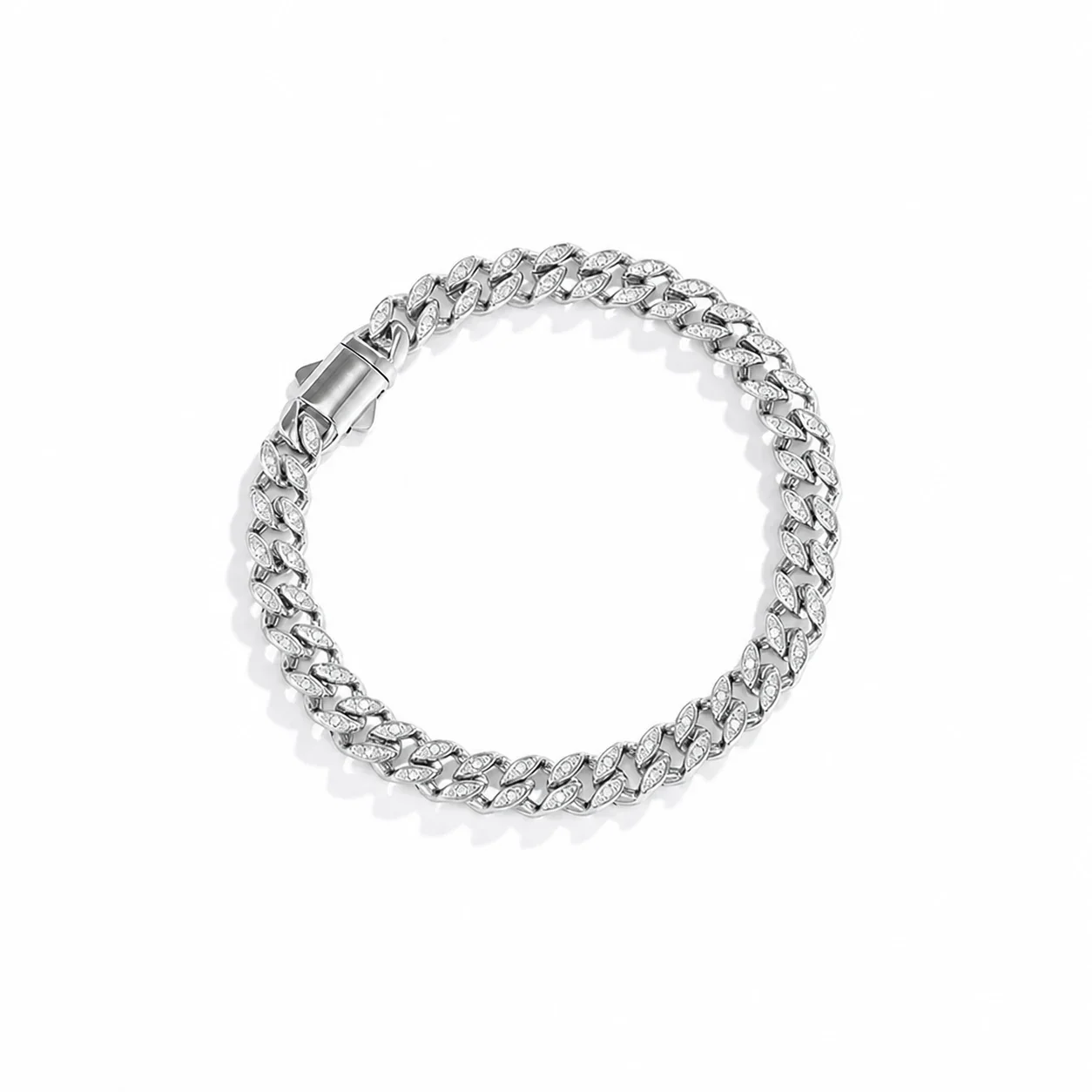 Bold 316 Stainless Steel Pavé Cuban Chain Bracelet - Silver Clear Stone