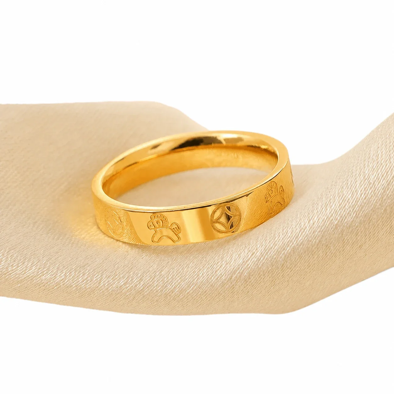 Ornate Gold-Plated Stainless Steel Coin Horse Band Ring