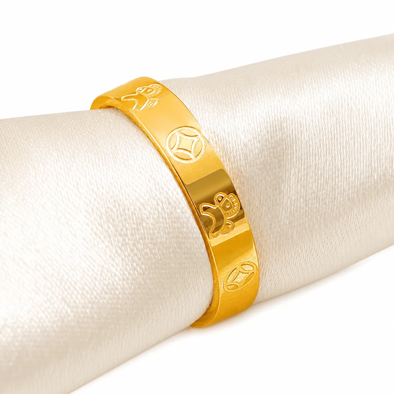 Ornate Gold-Plated Stainless Steel Coin Horse Band Ring