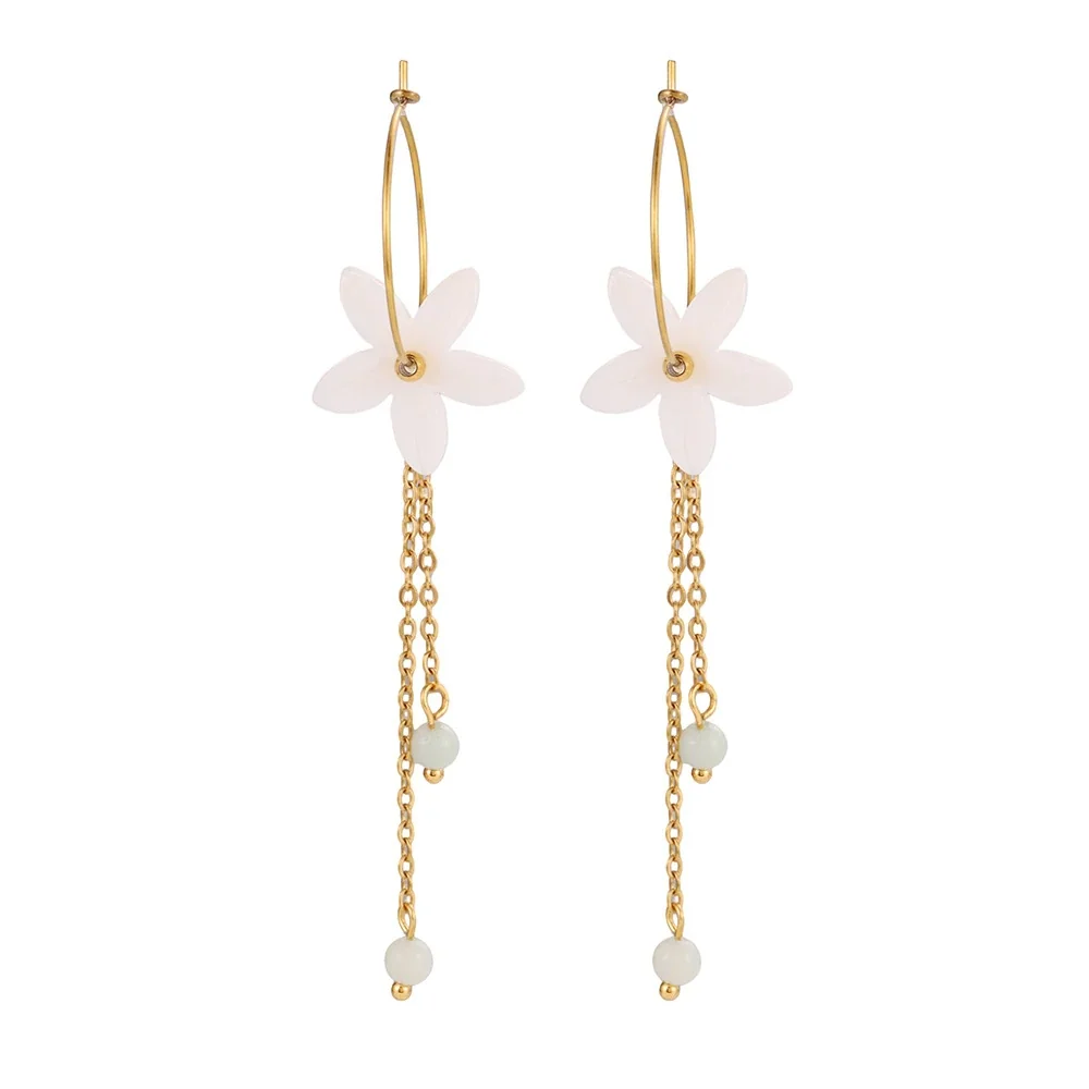 Brincos de Argola com Flor e Borlas em Aço Inoxidável 316 Gold PVD