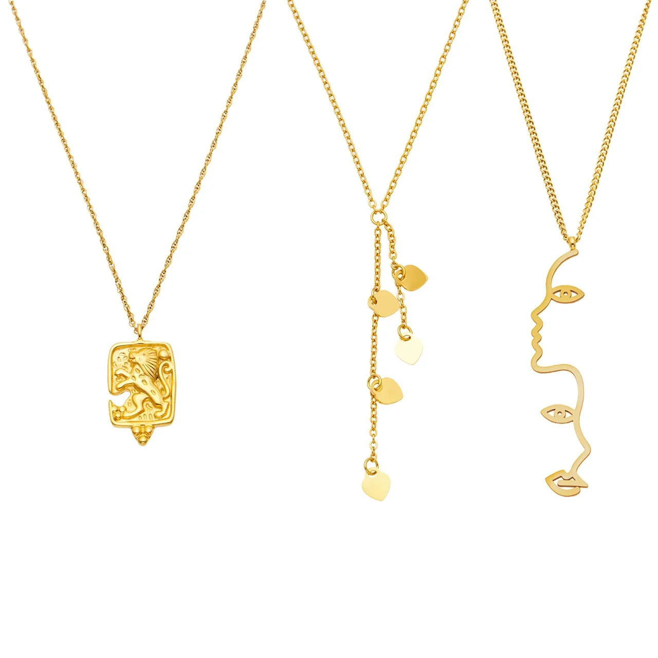 Geometric Pendant Necklace with Y-Drop Charms, Stainless Steel