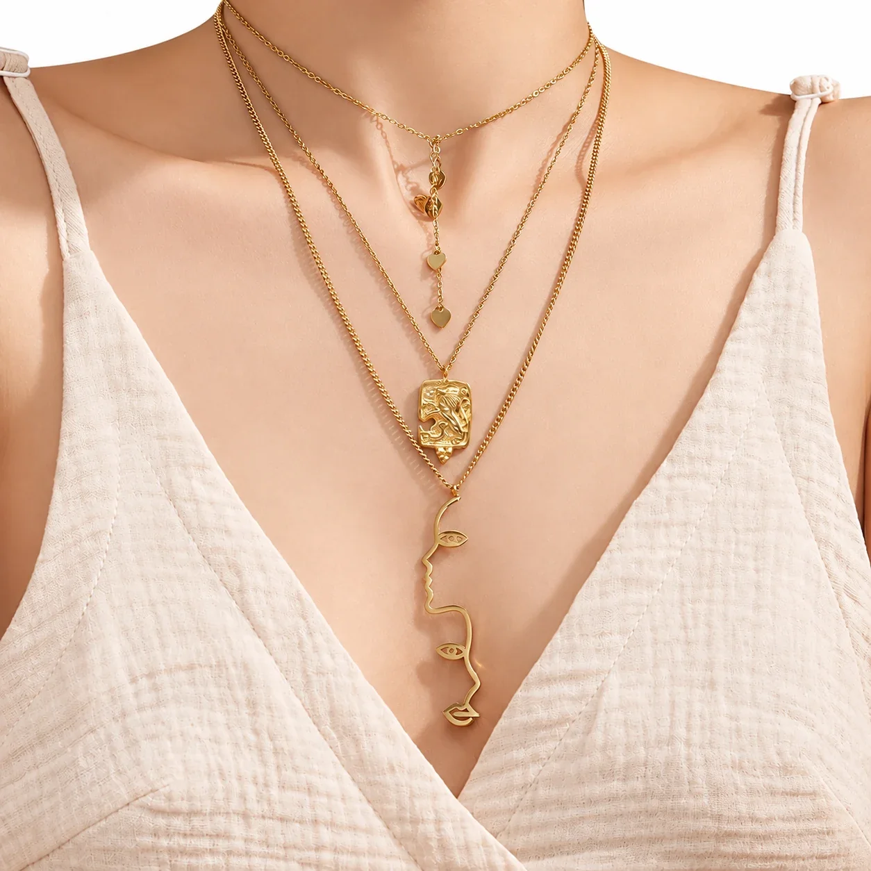 Geometric Pendant Necklace with Y-Drop Charms, Stainless Steel