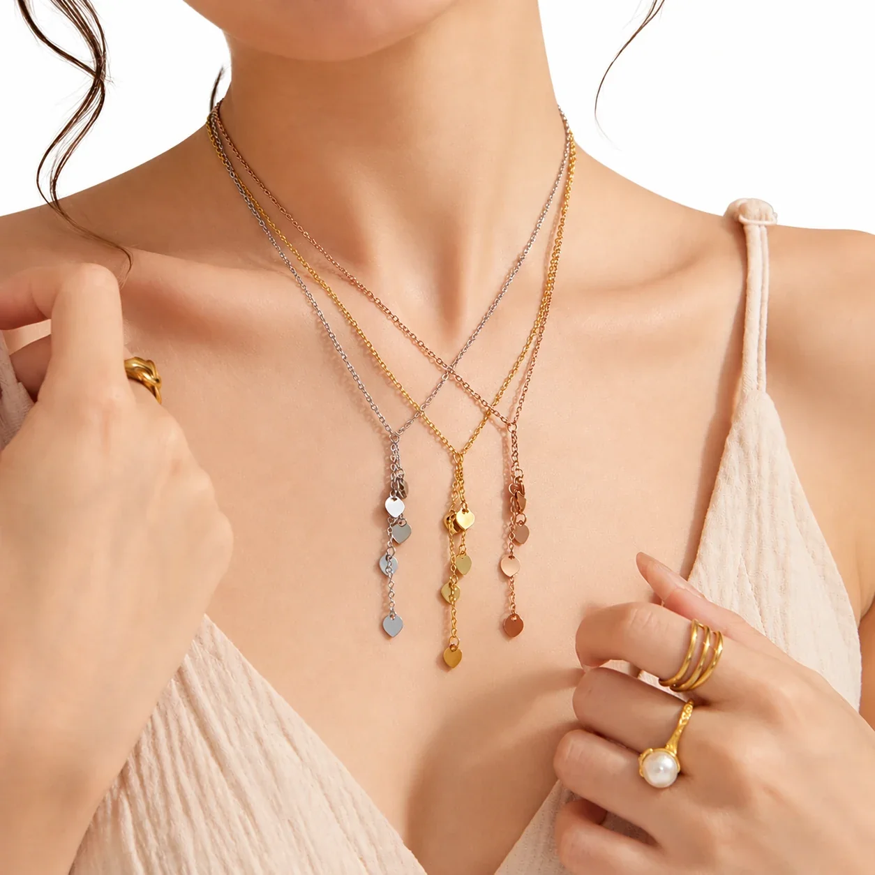 Geometric Pendant Necklace with Y-Drop Charms, Stainless Steel