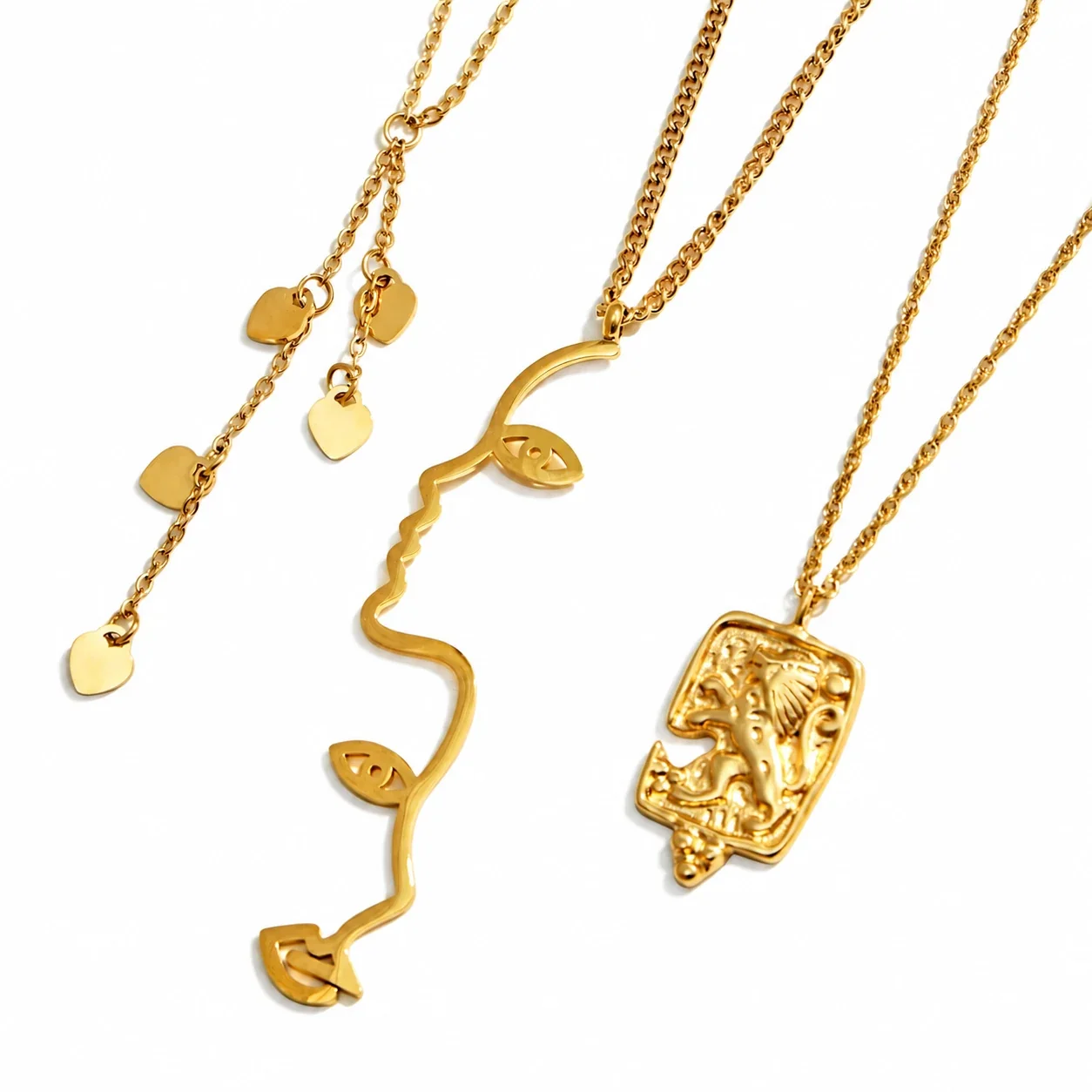 Geometric Pendant Necklace with Y-Drop Charms, Stainless Steel