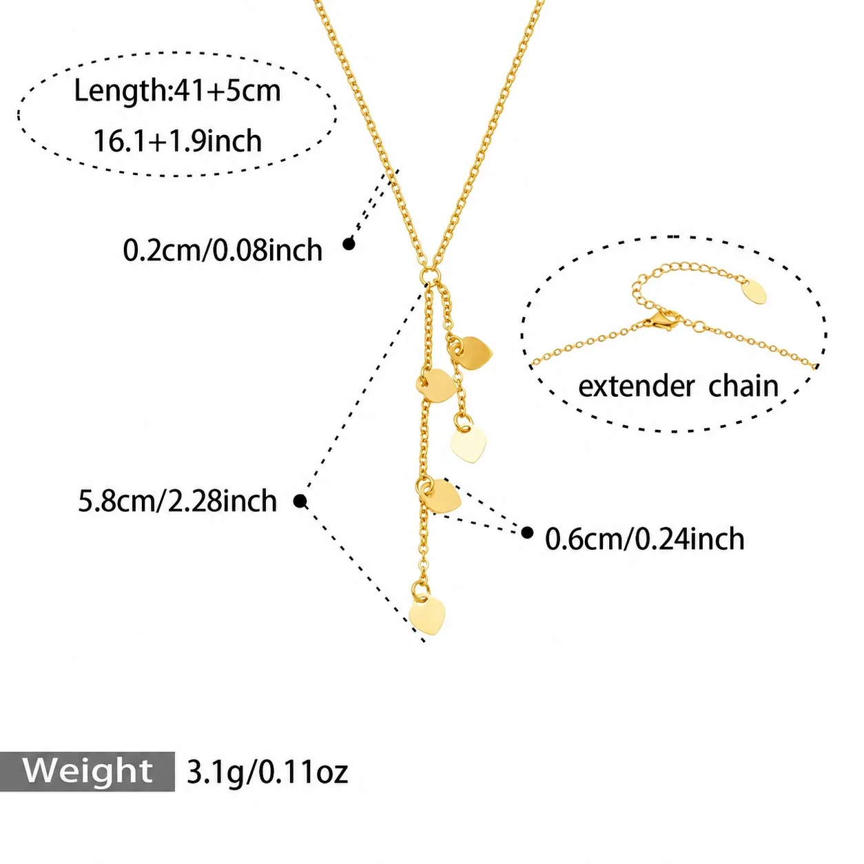 Geometric Pendant Necklace with Y-Drop Charms, Stainless Steel - Gold Heart Y, 41+5 cm