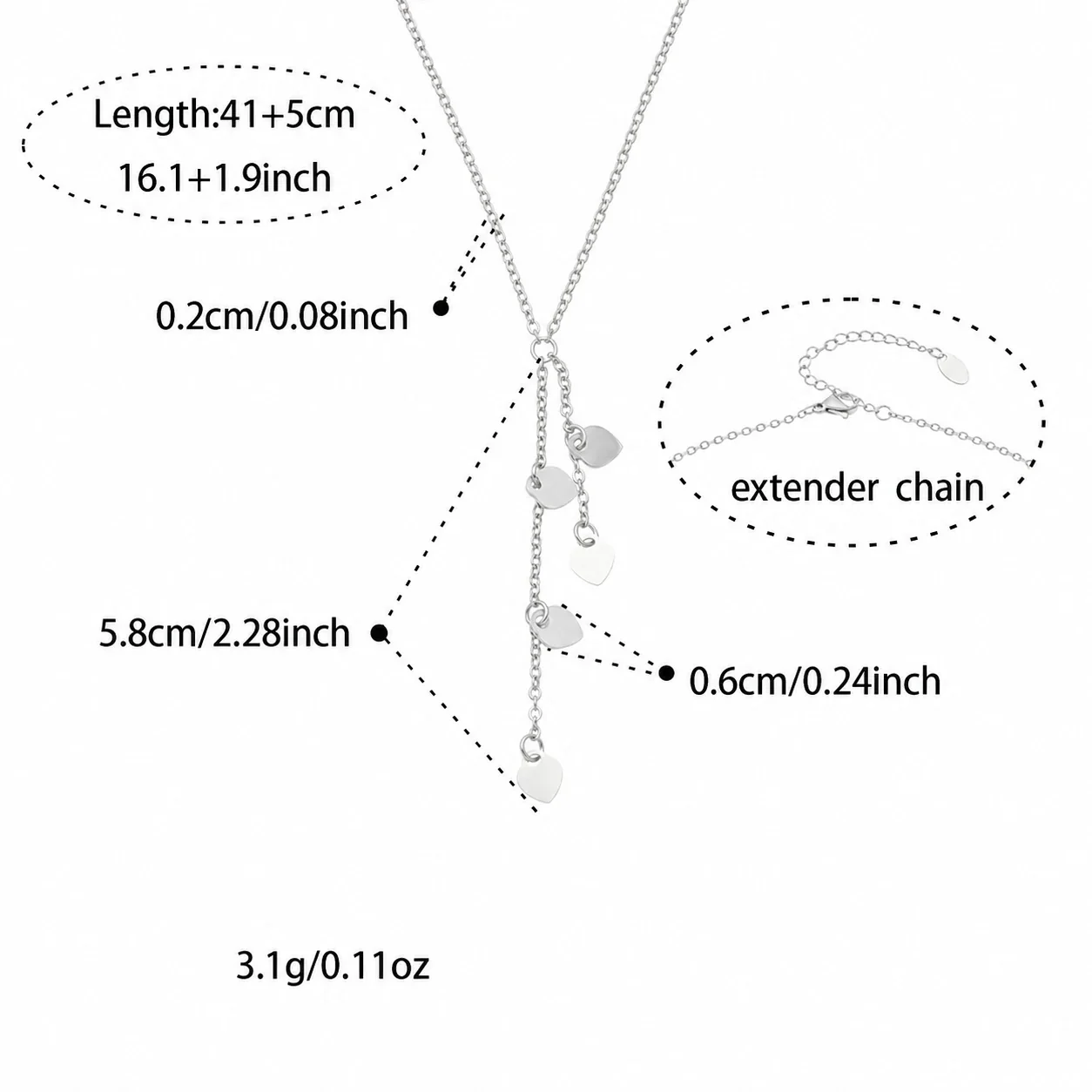 Geometric Pendant Necklace with Y-Drop Charms, Stainless Steel - Silver Heart Y, 41+5 cm