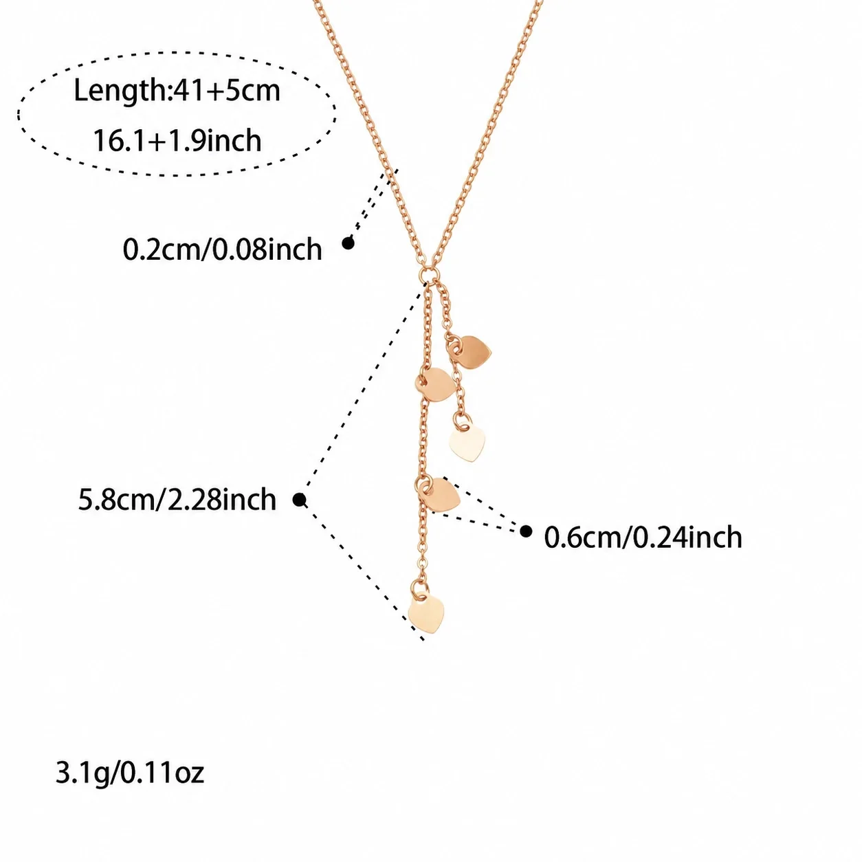 Geometric Pendant Necklace with Y-Drop Charms, Stainless Steel - Rose Gold Heart Y, 41+5 cm