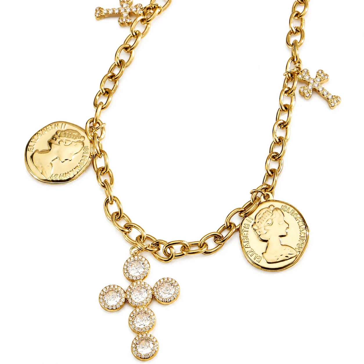 Foto del producto: Collar Acero Inoxidable 316 con Cruz de Cristal y Colgantes de Moneda - PVD
