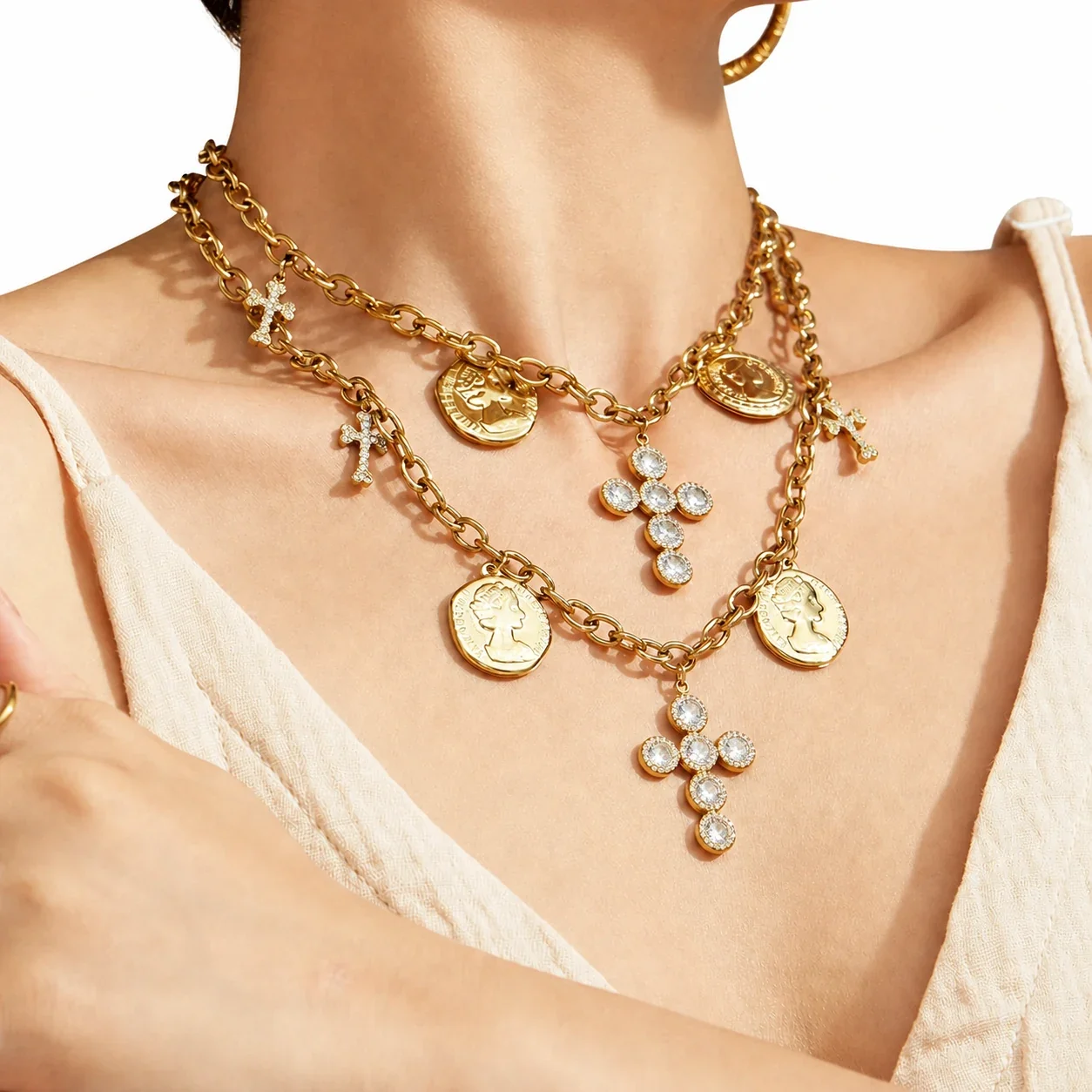 Foto del producto: Collar Acero Inoxidable 316 con Cruz de Cristal y Colgantes de Moneda - PVD