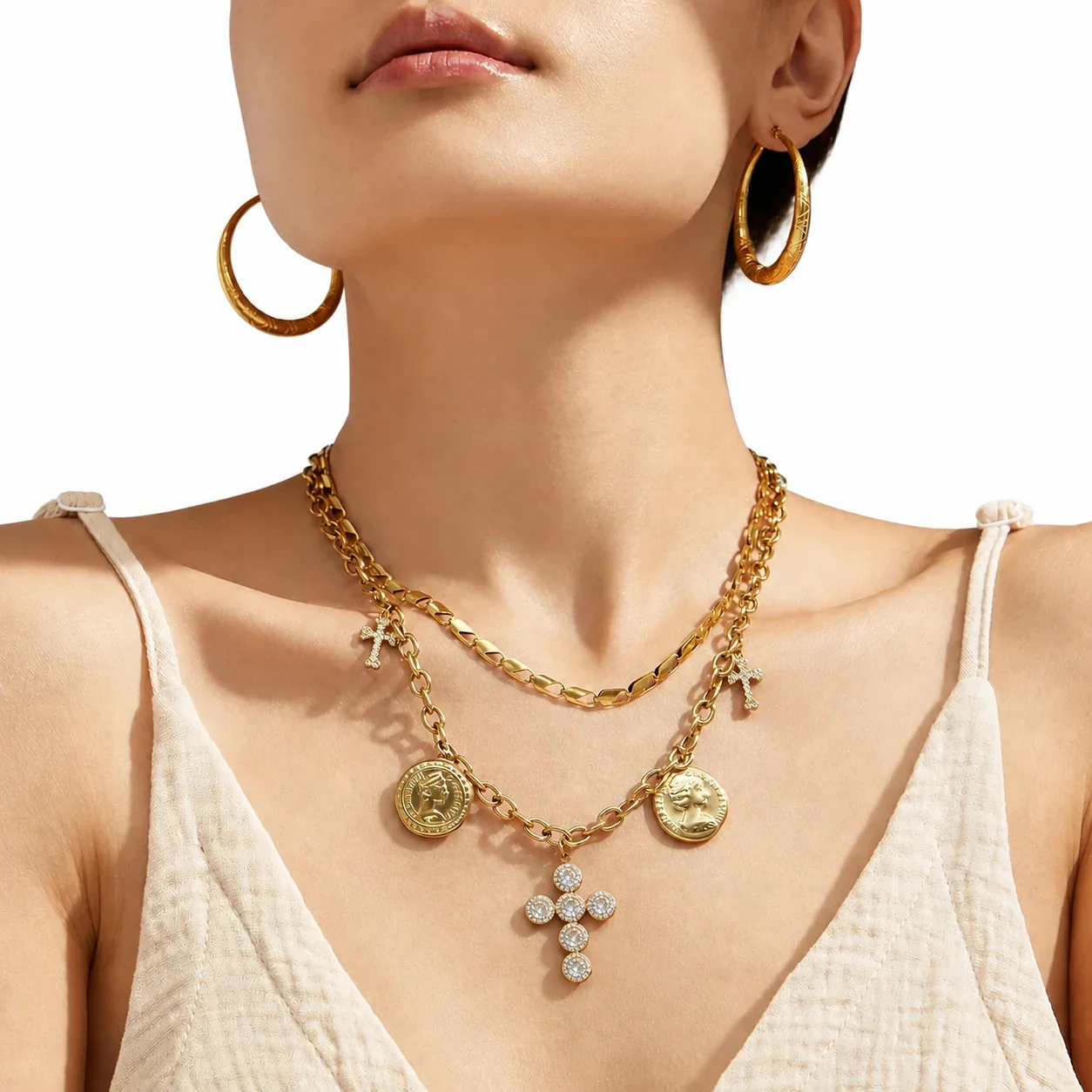 Foto del producto: Collar Acero Inoxidable 316 con Cruz de Cristal y Colgantes de Moneda - PVD