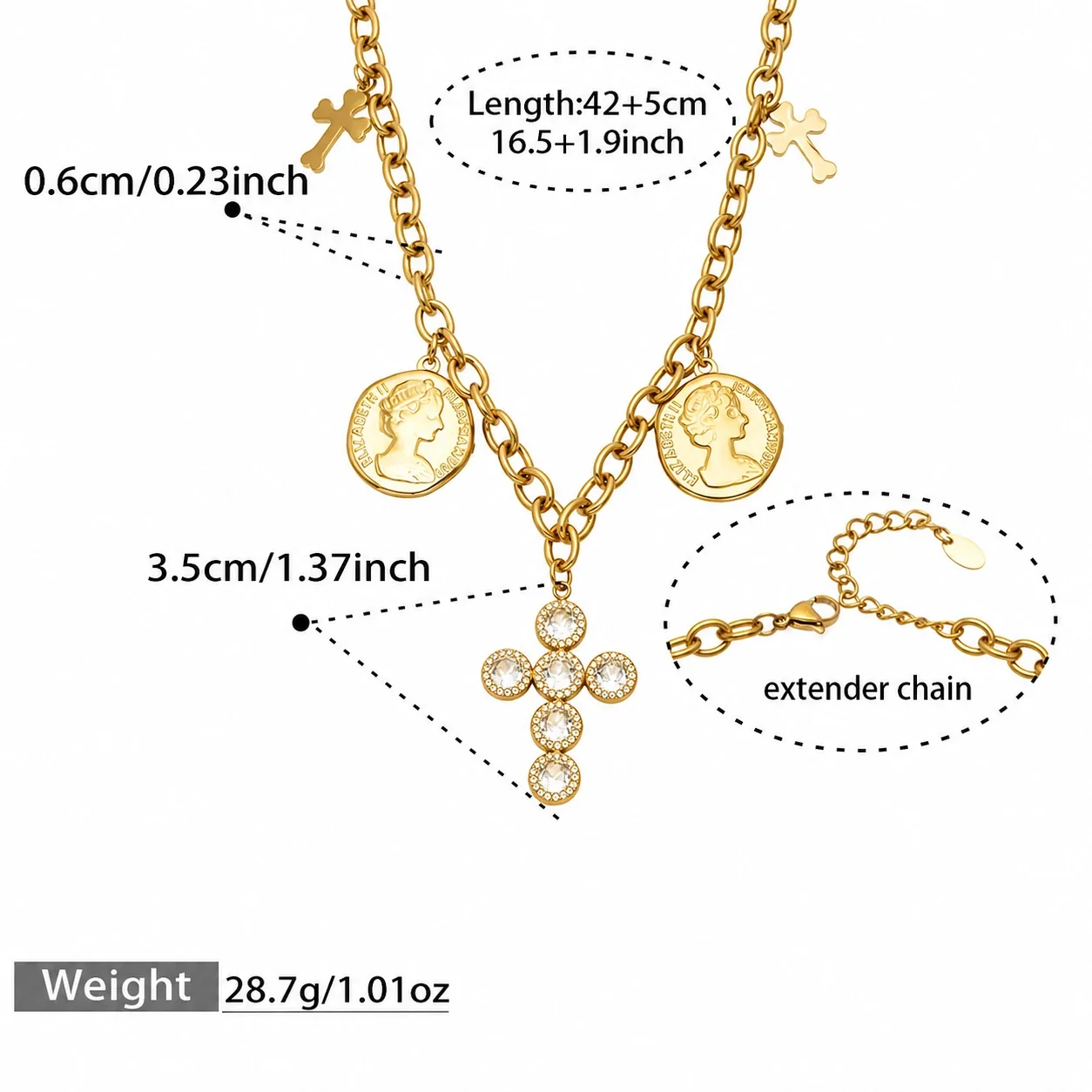 Foto del producto: Collar Acero Inoxidable 316 con Cruz de Cristal y Colgantes de Moneda - PVD