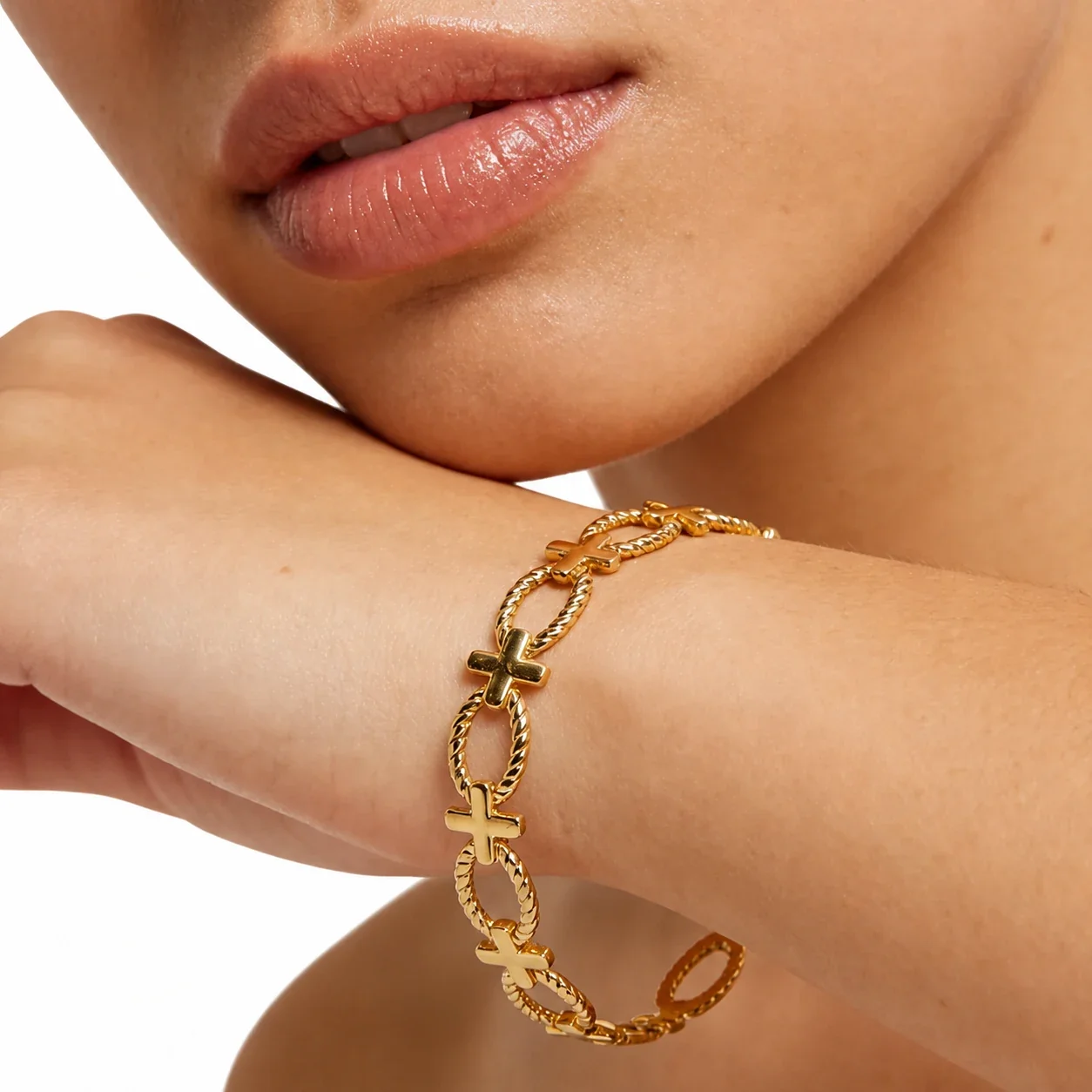 Sculptural Gold-Plated Oval Link Cross Cuff Bracelet