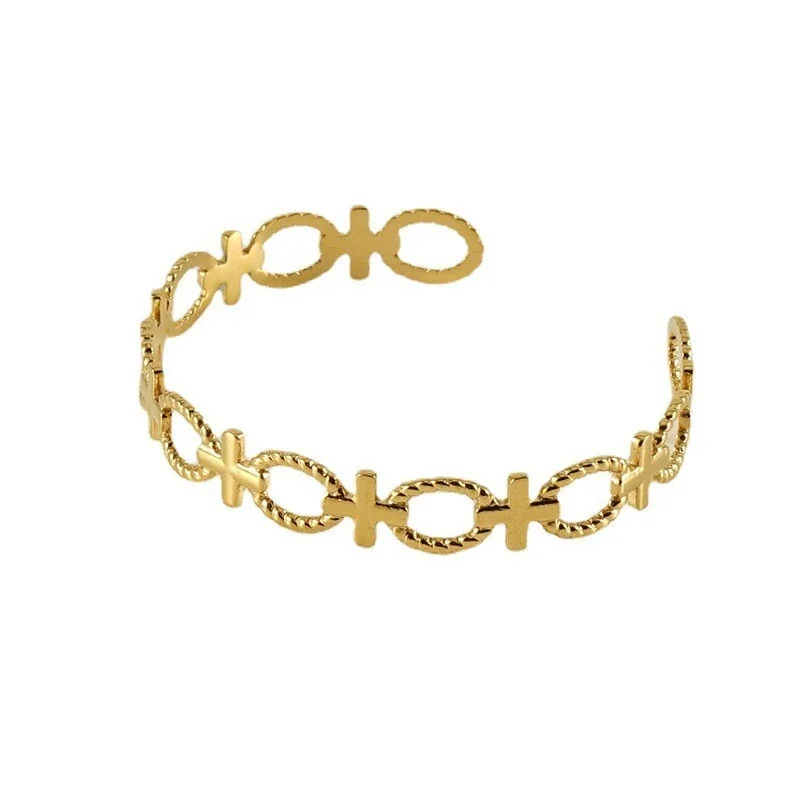 Sculptural Gold-Plated Oval Link Cross Cuff Bracelet