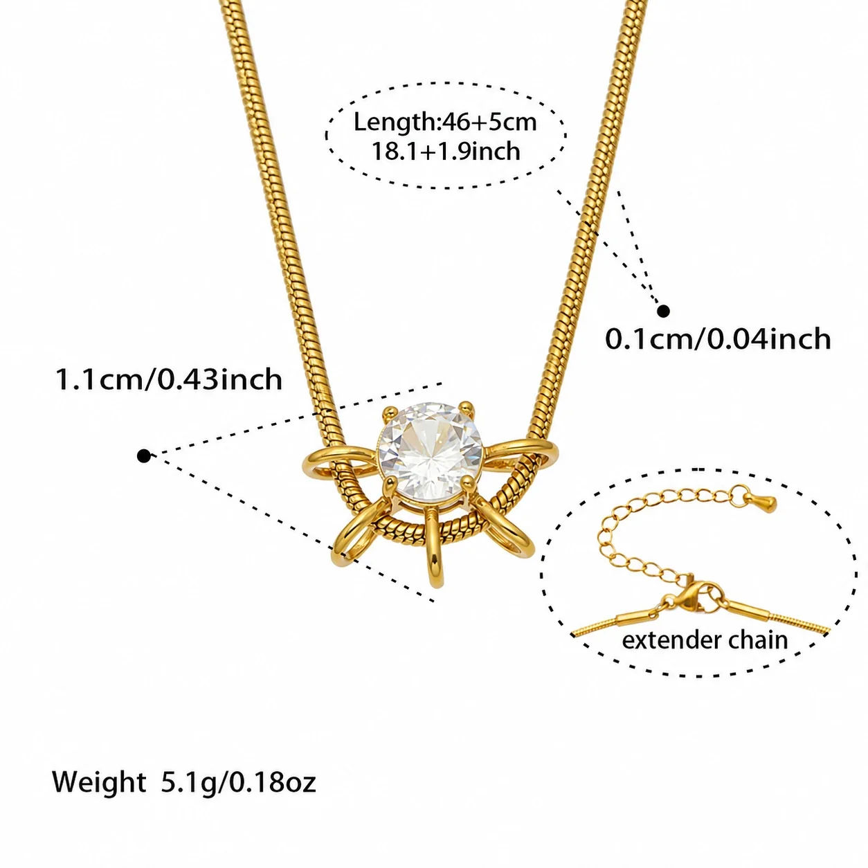 Radiant Gold-Plated 316 Marquise CZ Sunburst Necklace - Gold Round CZ 46 + 5 cm