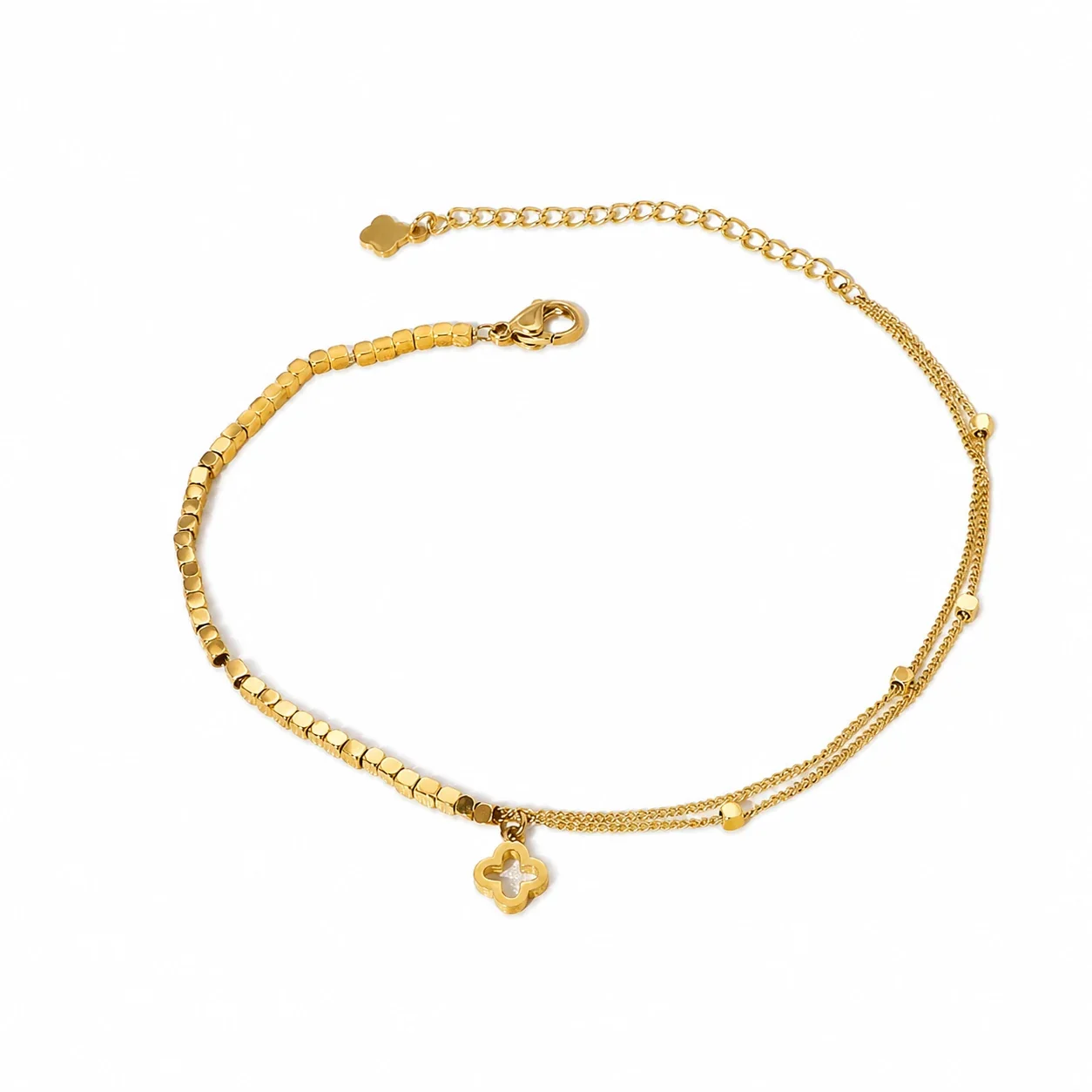 Delicate Gold-Plated Double Chain Clover Charm Bracelet