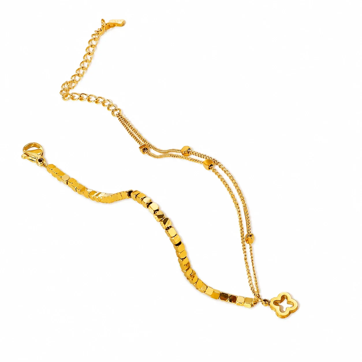 Delicate Gold-Plated Double Chain Clover Charm Bracelet