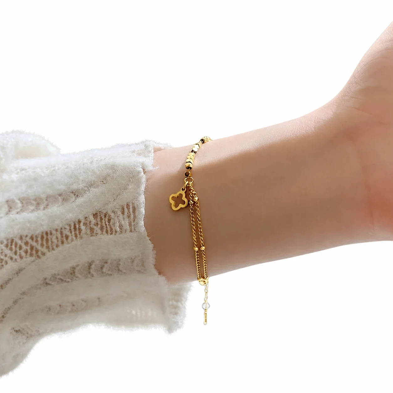 Delicate Gold-Plated Double Chain Clover Charm Bracelet
