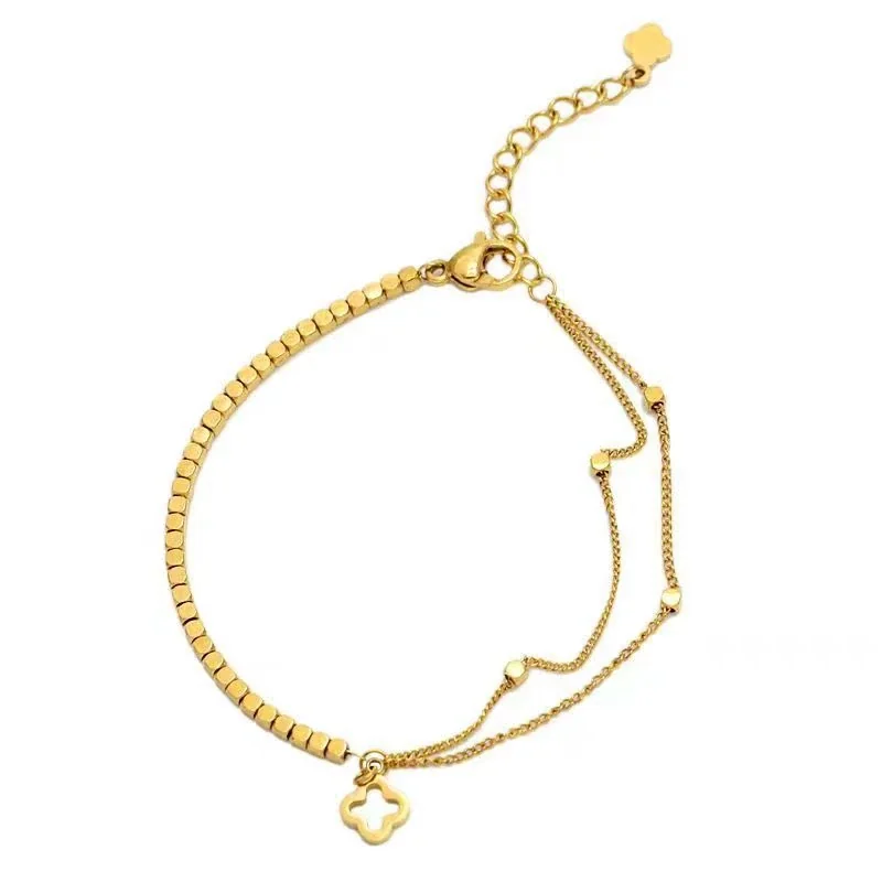 Delicate Gold-Plated Double Chain Clover Charm Bracelet