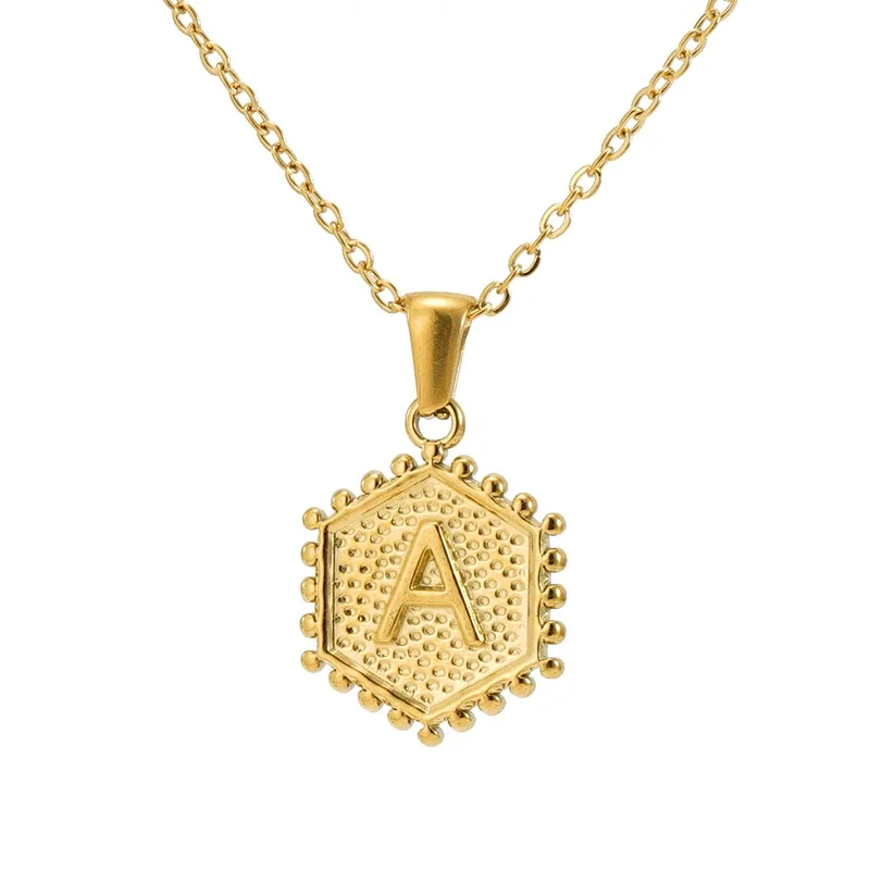Beaded Gold PVD Hexagon Initial Pendant Necklace