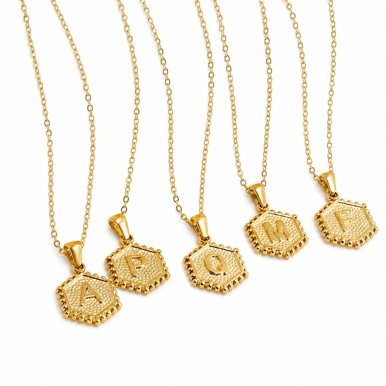 Beaded Gold PVD Hexagon Initial Pendant Necklace