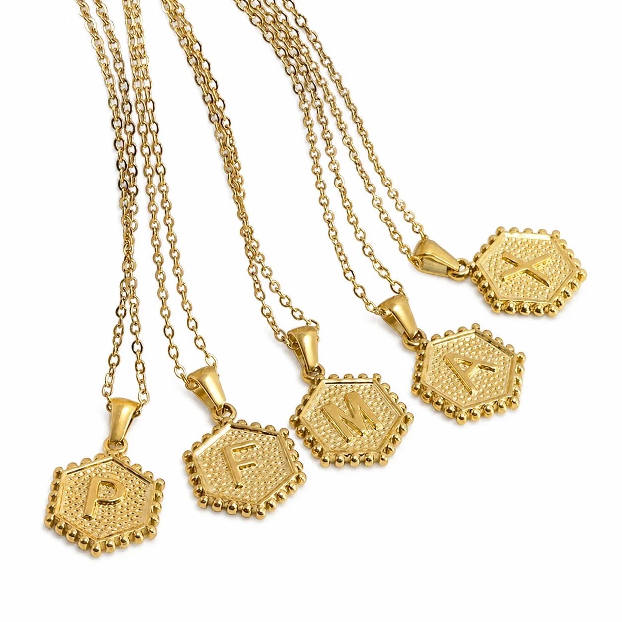 Beaded Gold PVD Hexagon Initial Pendant Necklace