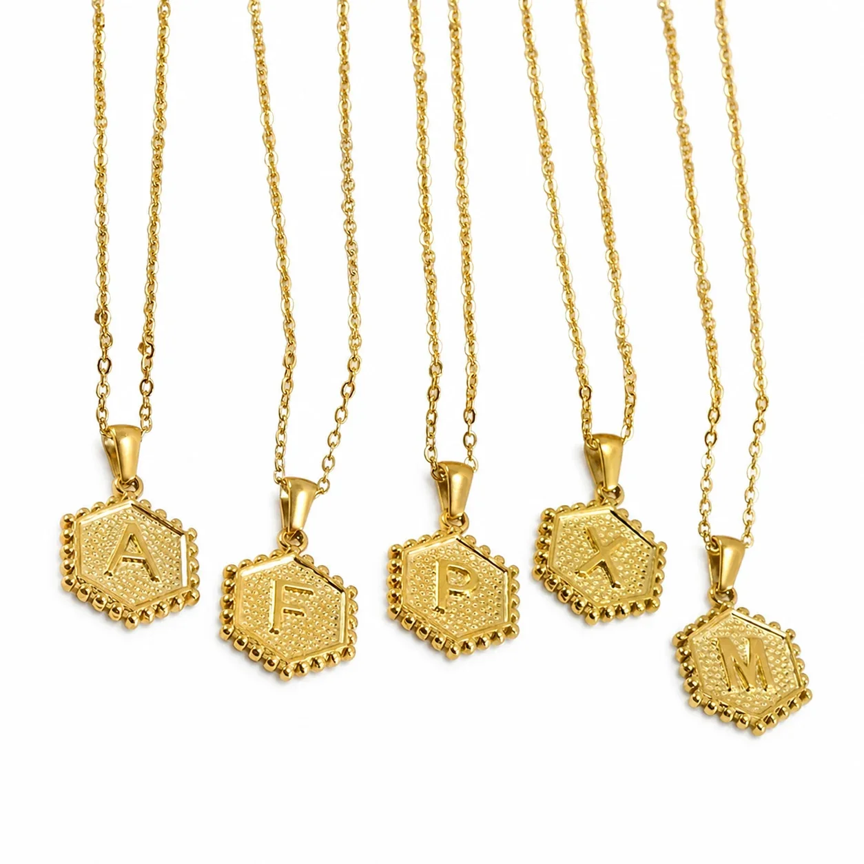 Beaded Gold PVD Hexagon Initial Pendant Necklace