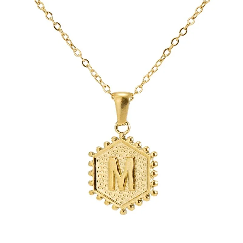 Beaded Gold PVD Hexagon Initial Pendant Necklace