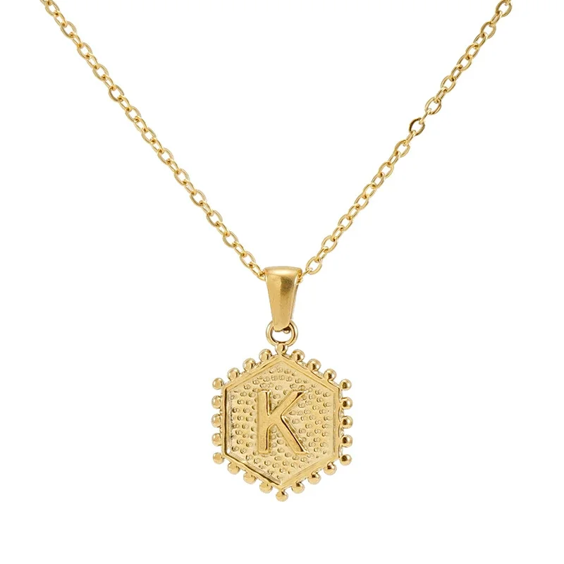 Beaded Gold PVD Hexagon Initial Pendant Necklace - Gold K