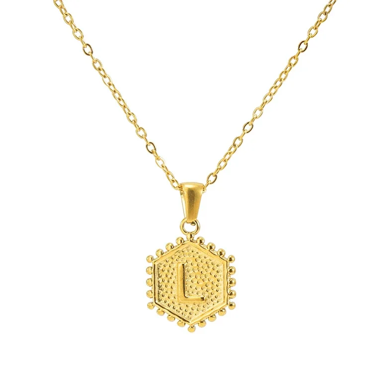 Beaded Gold PVD Hexagon Initial Pendant Necklace - Gold L