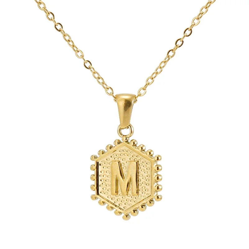 Beaded Gold PVD Hexagon Initial Pendant Necklace - Gold M