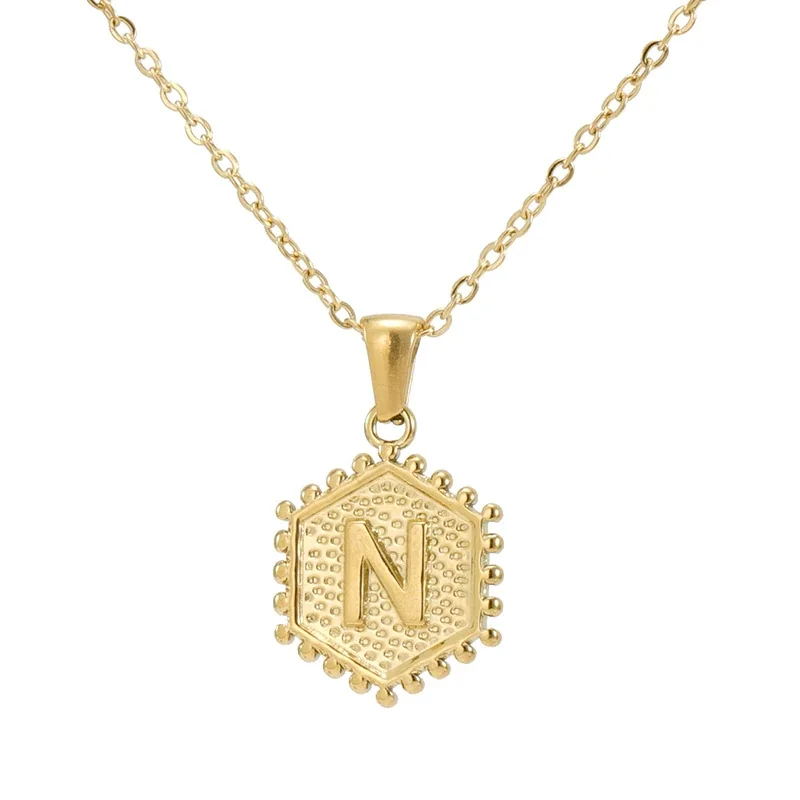 Beaded Gold PVD Hexagon Initial Pendant Necklace - Gold N