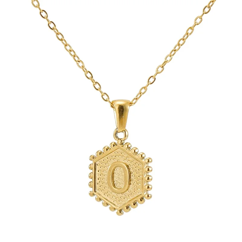 Beaded Gold PVD Hexagon Initial Pendant Necklace - Gold O
