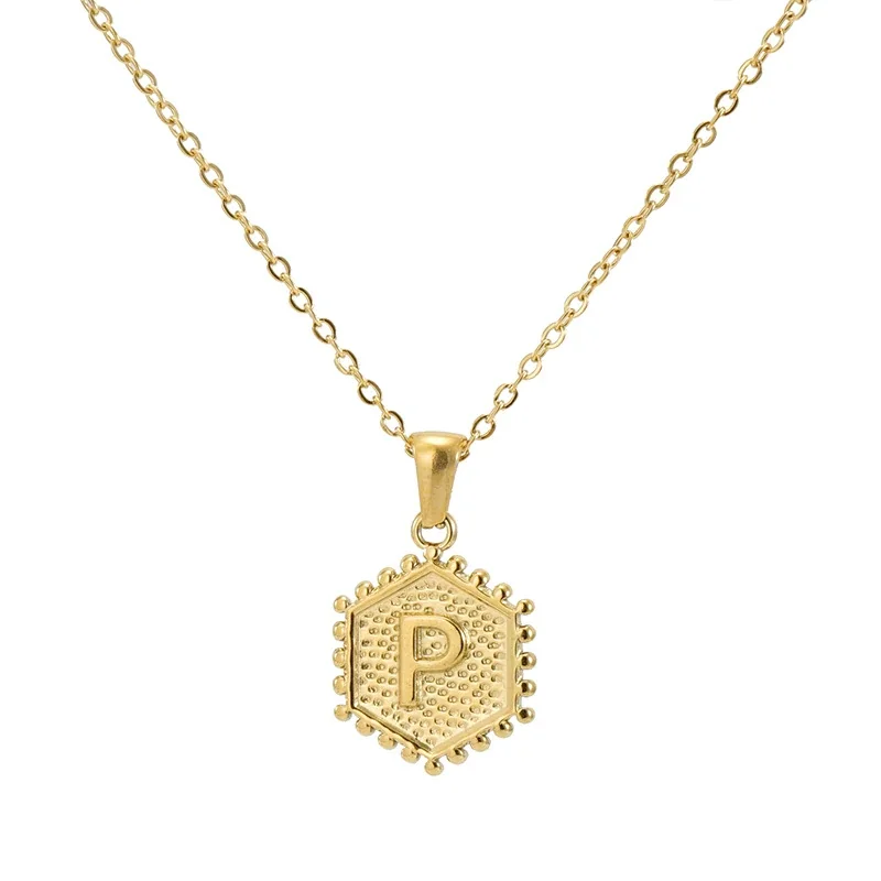 Beaded Gold PVD Hexagon Initial Pendant Necklace - Gold P