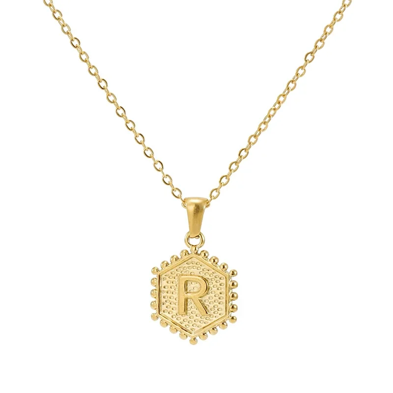 Beaded Gold PVD Hexagon Initial Pendant Necklace - Gold R