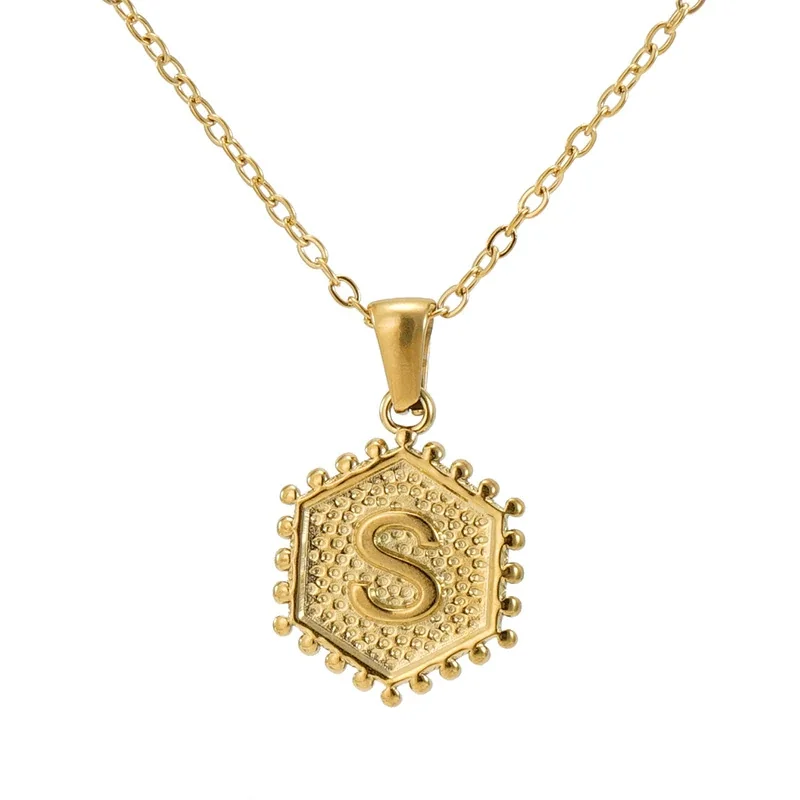 Beaded Gold PVD Hexagon Initial Pendant Necklace - Gold S