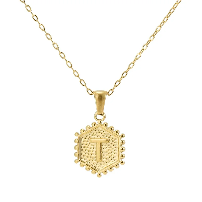 Beaded Gold PVD Hexagon Initial Pendant Necklace - Gold T