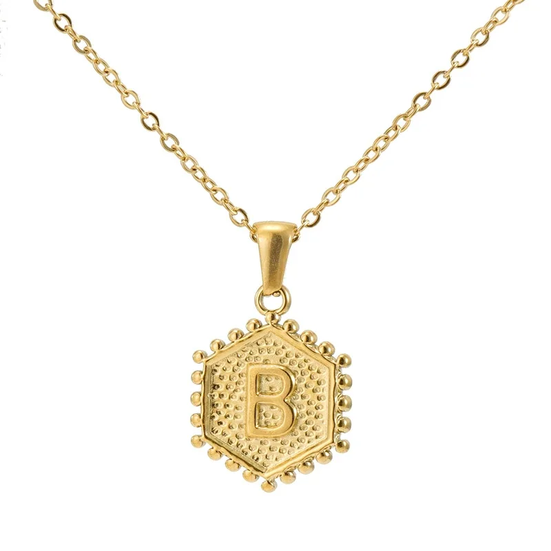 Beaded Gold PVD Hexagon Initial Pendant Necklace - Gold B