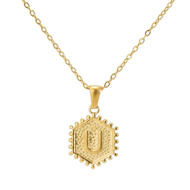 Beaded Gold PVD Hexagon Initial Pendant Necklace - Gold U