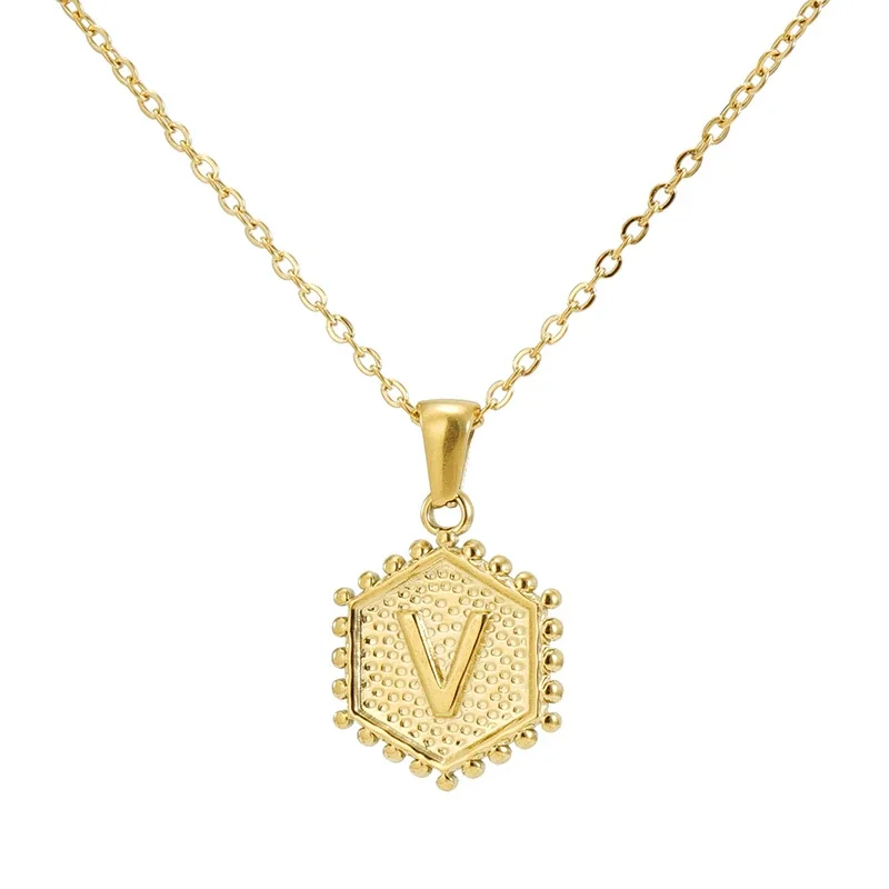 Beaded Gold PVD Hexagon Initial Pendant Necklace - Gold V