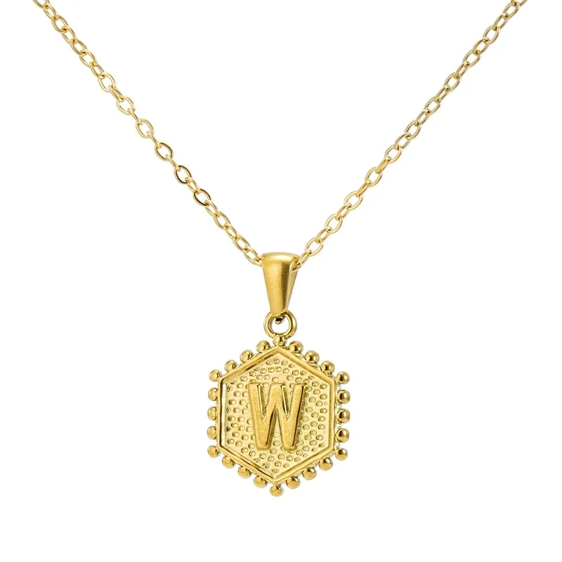 Beaded Gold PVD Hexagon Initial Pendant Necklace - Gold W