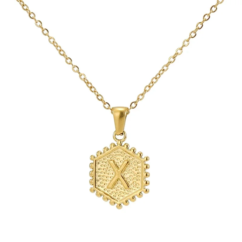 Beaded Gold PVD Hexagon Initial Pendant Necklace - Gold X
