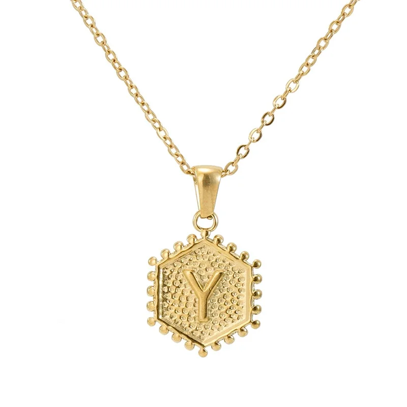 Beaded Gold PVD Hexagon Initial Pendant Necklace - Gold Y