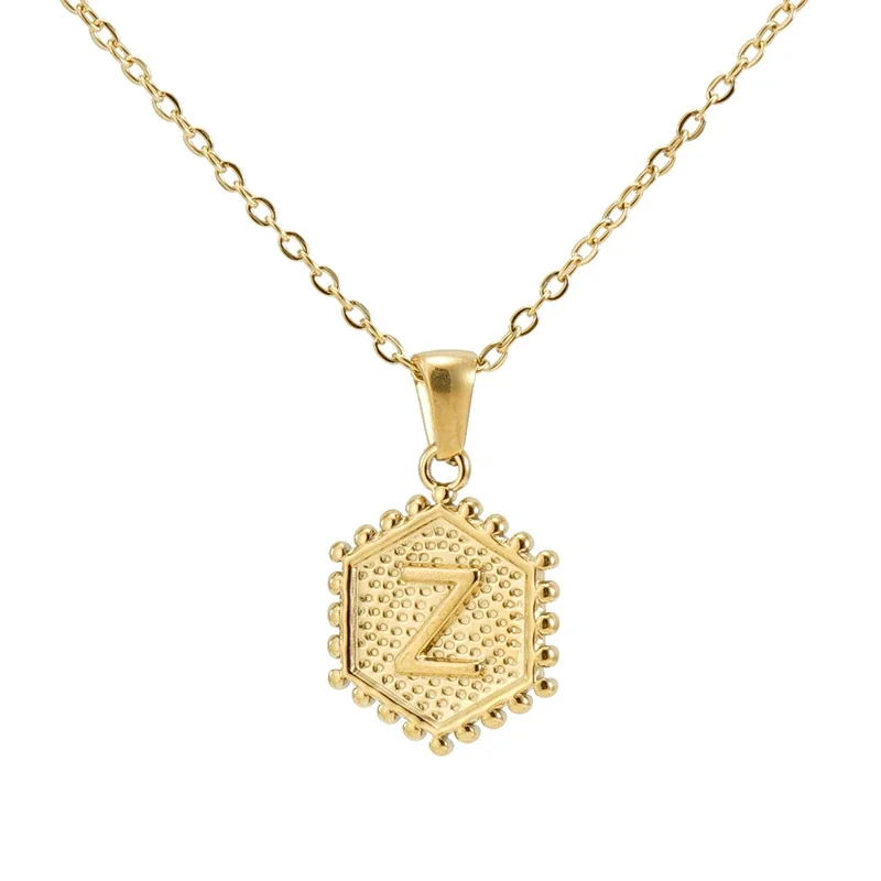 Beaded Gold PVD Hexagon Initial Pendant Necklace - Gold Z
